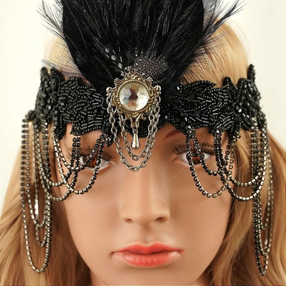 Black 1920s Style Flapper Headband Feather Beaded Rhinestone Headpiece Costume